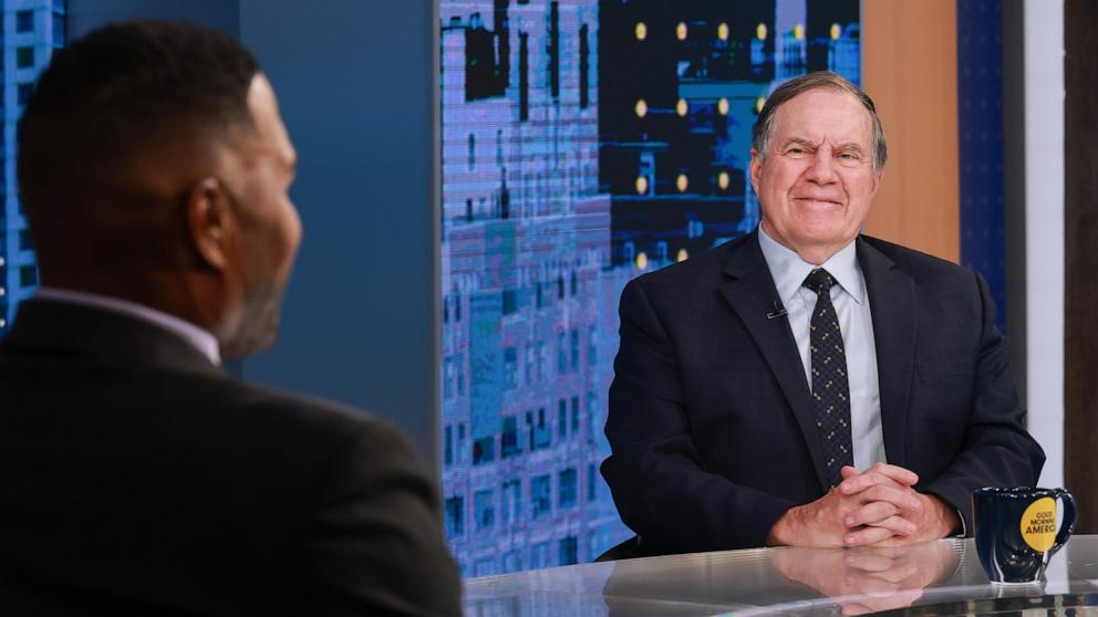 PHOTO: University of North Carolina football coach Bill Belichick speaks with Michael Strahan of ABC News in an interview on 'Good Morning America,' May 16, 2025.