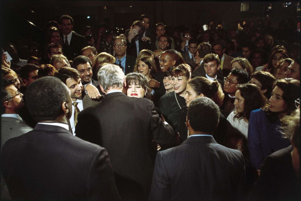 PHOTO: Monica Lewinsky embraces President Bill Clinton at a democratic fundraiser, Oct. 23, 1996.