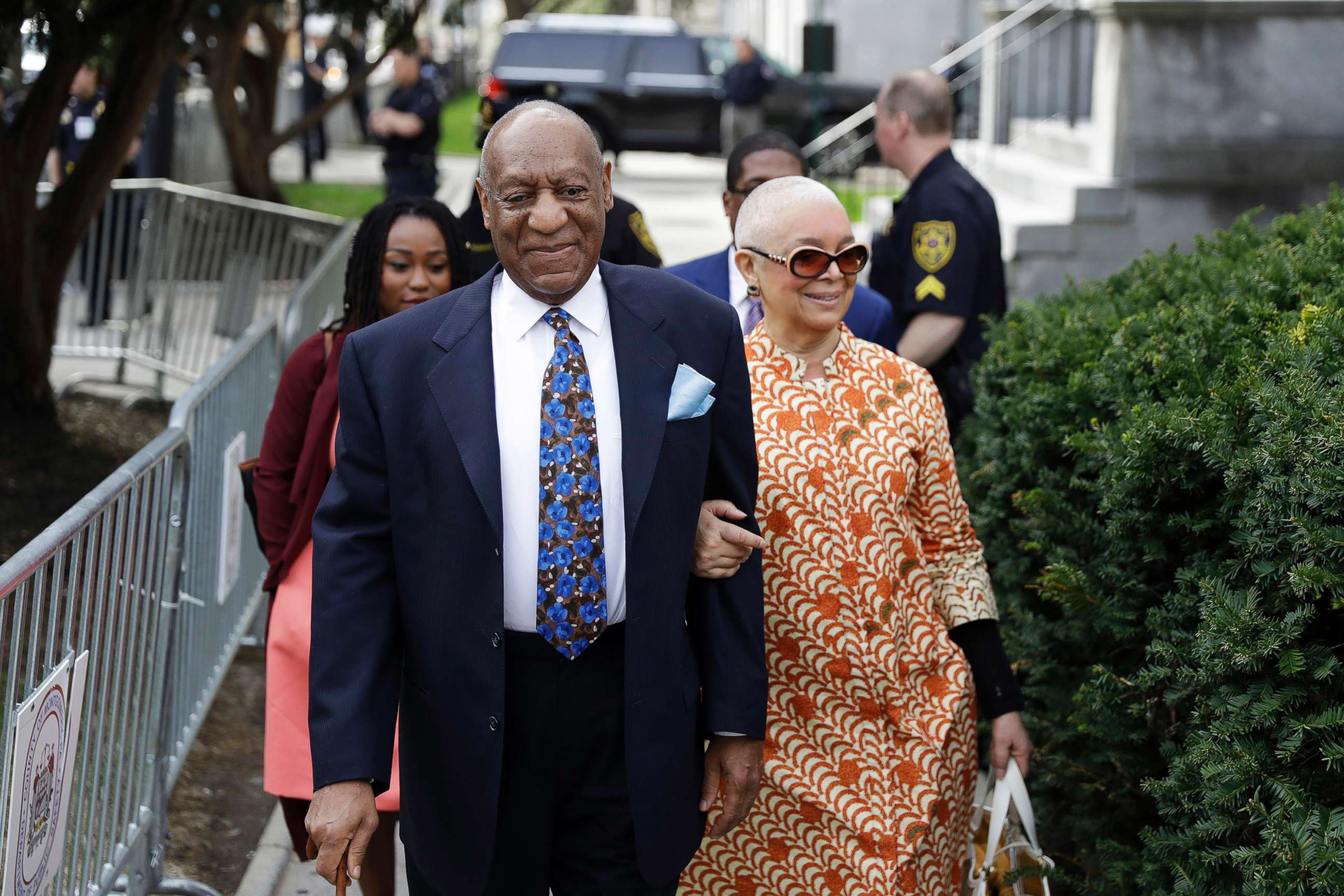 PHOTO: Bill Cosby arrives with his wife, Camille, for his sexual assault trial, April 24, 2018, at the Montgomery County Courthouse in Norristown, Pa. 