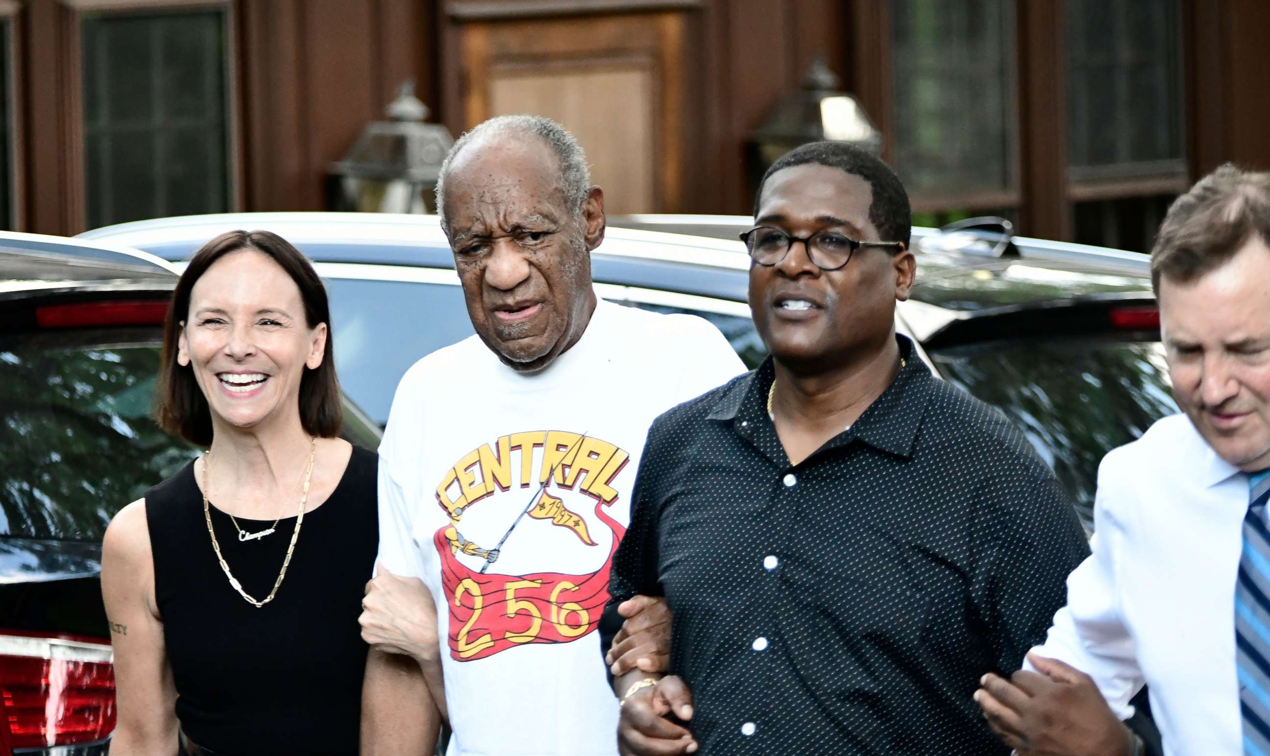 PHOTO: Bill Cosby walks to briefly address the media with his attorney Jennifer Bonjean and spokesman Andrew Wyatt after he arrived home following the Pennsylvania Supreme Court's ruling for his release from prison, in Elkins Park, Pa., June 30, 2021.