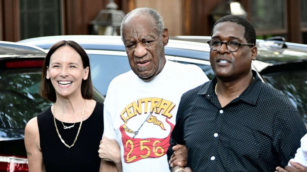 PHOTO: Bill Cosby walks to briefly address the media with his attorney Jennifer Bonjean and spokesman Andrew Wyatt after he arrived home following the Pennsylvania Supreme Court's ruling for his release from prison, in Elkins Park, Pa., June 30, 2021.