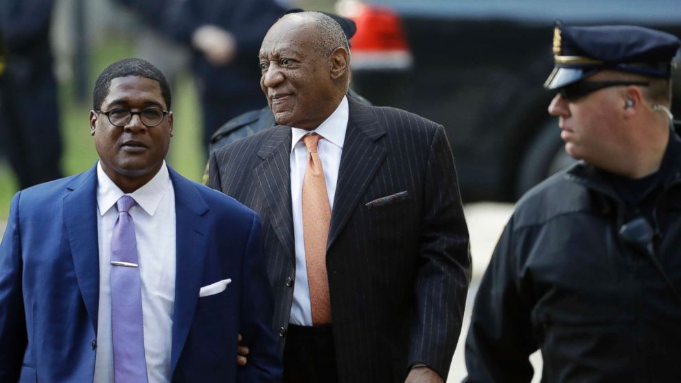 Bill Cosby, center, arrives for his sexual assault trial, April 10, 2018, at the Montgomery County Courthouse in Norristown, Pa.