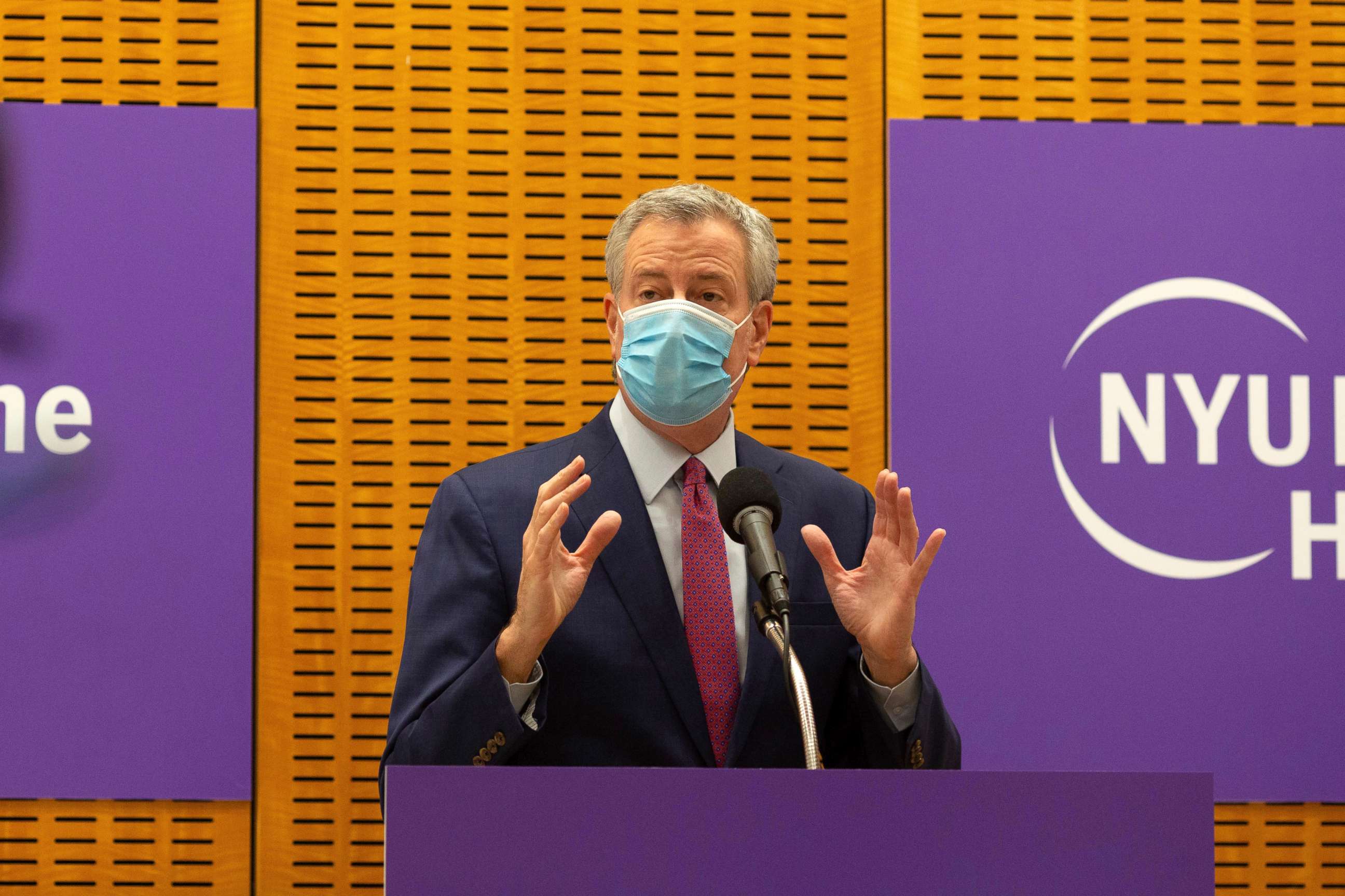 PHOTO: Mayor Bill de Blasio delivers remarks ahead of the first COVID-19 vaccinations at NYU-Langone Hospital, Dec. 14, 2020, in New York.
