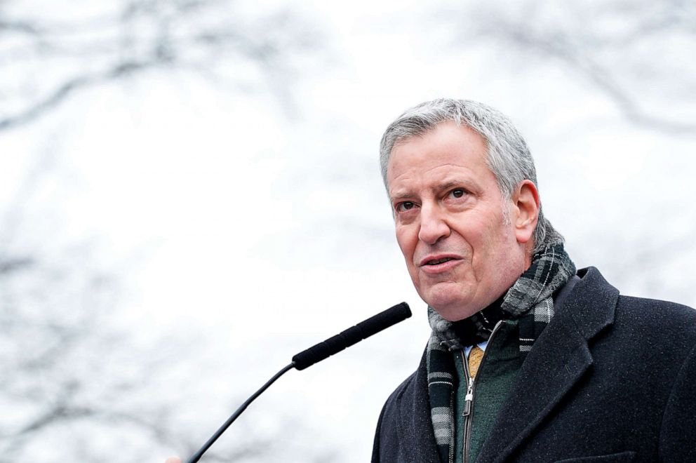 PHOTO: Mayor Bill de Blasio visits the Delacorte Theatre in Central Park, March 16, 2021, in New York City.