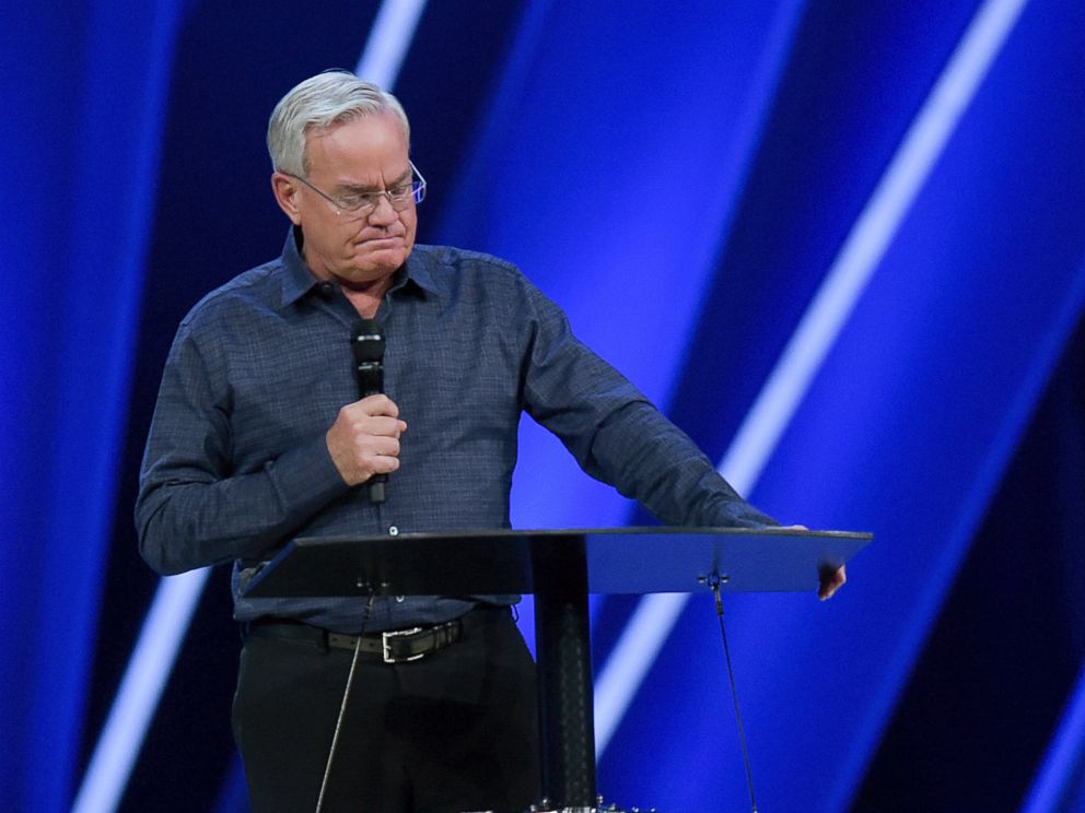 PHOTO: Willow Creek Community Church Senior Pastor Bill Hybels stands before his congregation, April 10, 2018, in South Barrington, Ill., where he announced his early retirement effective immediately.