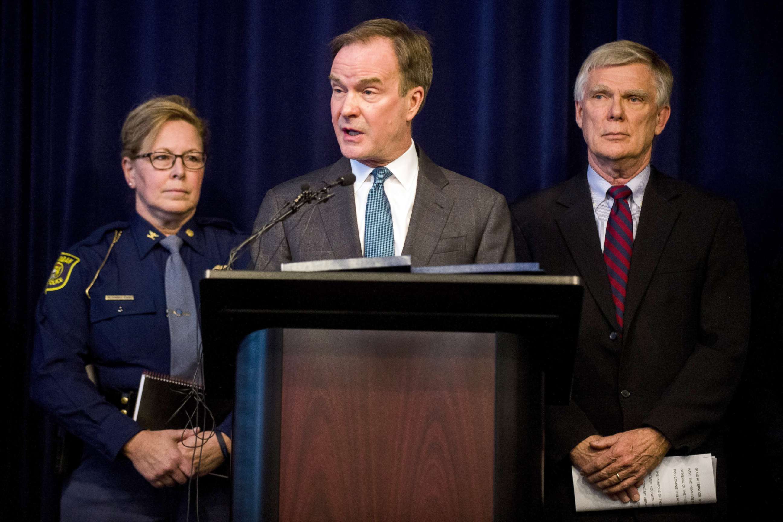 PHOTO: Attorney General Bill Schuette announces an open and ongoing investigation into the systemic issues with sexual misconduct at Michigan State University that began in 2017, Jan. 27, 2018, at the G. Mennen Williams Building in Lansing, Mich. 