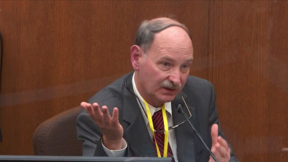 PHOTO: In this image taken from video witness Dr. Bill Smock, a Louisville physician in forensic medicine testifies at the trial of former Minneapolis police Officer Derek Chauvin at the Hennepin County Courthouse in Minneapolis, Minn., April 8, 2021.