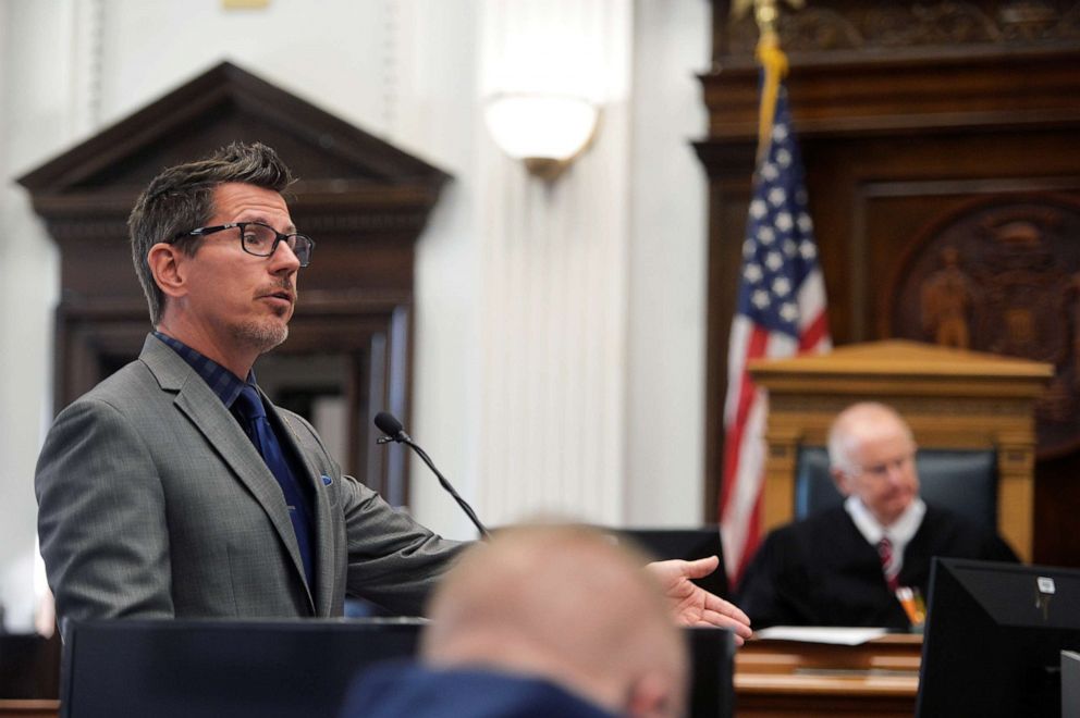 PHOTO: Assistant District Attorney Thomas Binger presents opening statements to the jury during the Kyle Rittenhouse trial at the Kenosha County Courthouse in Kenosha, Wis., Nov. 2, 2021.