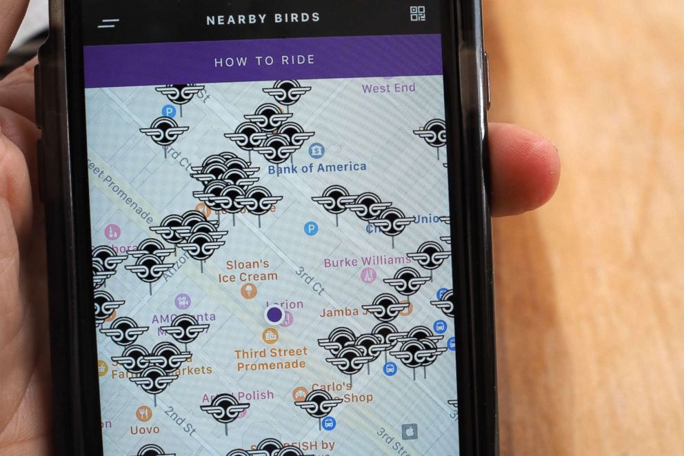 PHOTO: The Bird Ride scooter app shows the location of available electric scooters in Santa Monica, Calif., July 13, 2018.