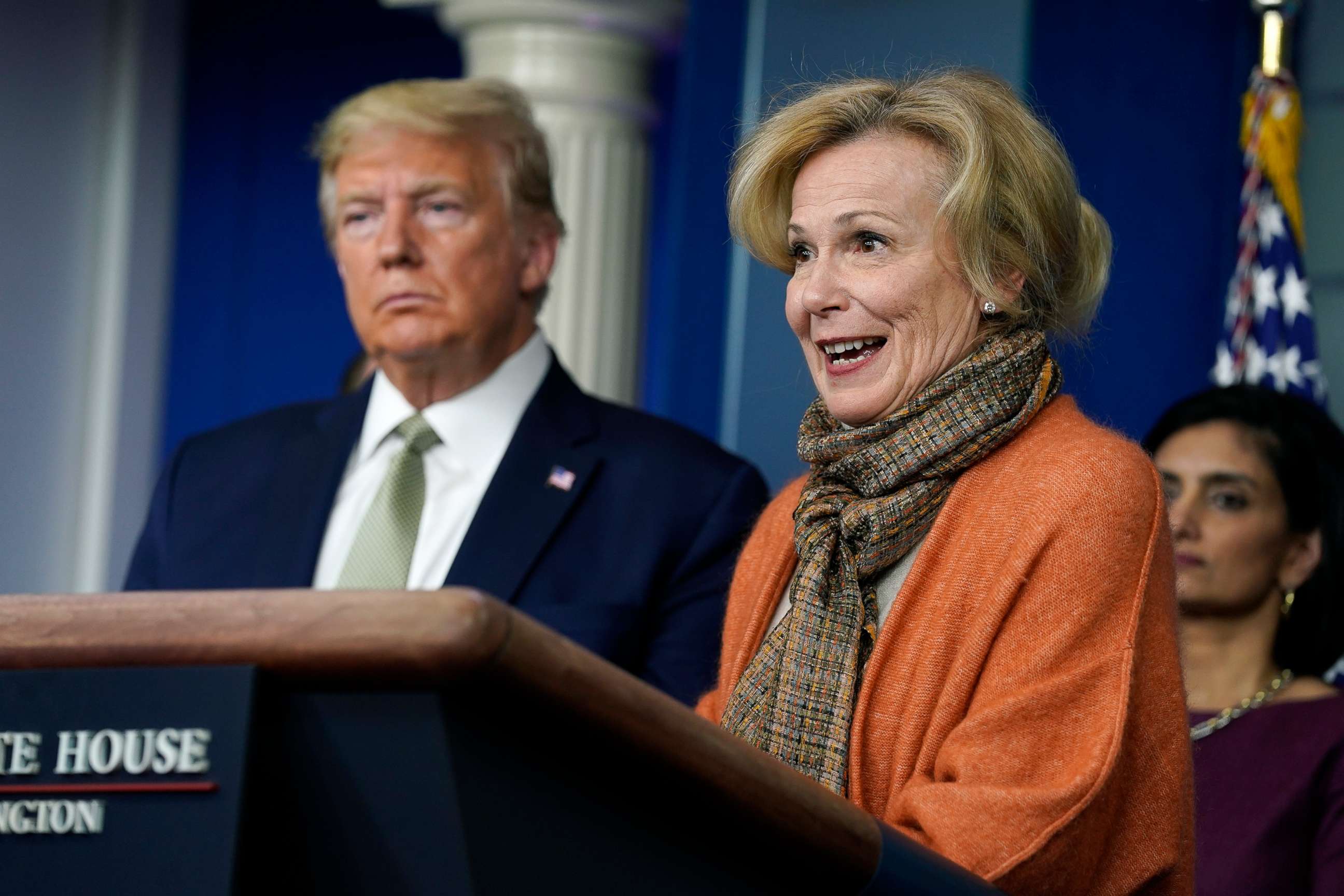 PHOTO: President Donald Trump listens as Dr. Deborah Birx, White House coronavirus response coordinator, speaks during a press briefing with the coronavirus task force, at the White House, March 17, 2020.