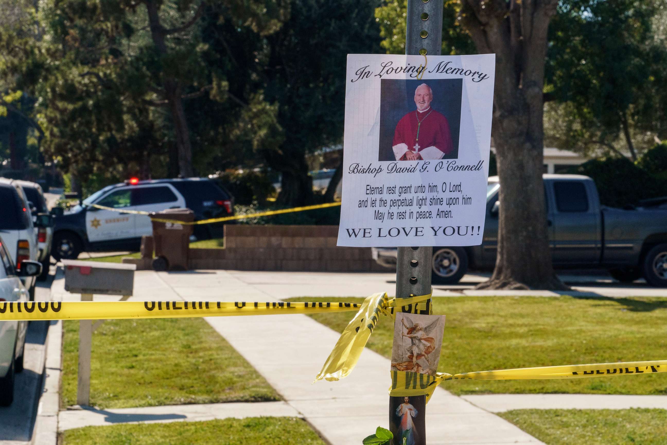 PHOTO: An image of Bishop David O'Connell is posted on the post of a street sign near his home in Hacienda Heights, Calif., Feb. 19, 2023.
