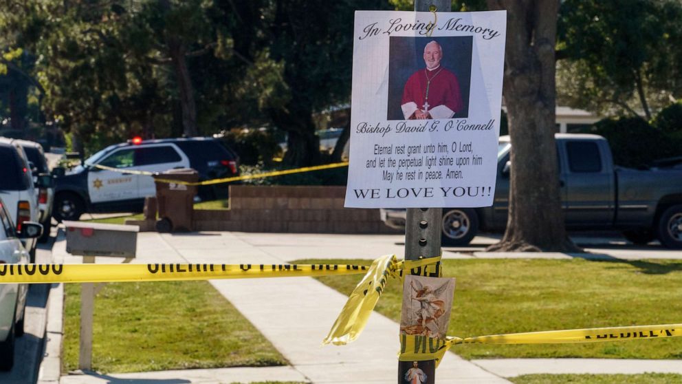 PHOTO: An image of Bishop David O'Connell is posted on the post of a street sign near his home in Hacienda Heights, Calif., Feb. 19, 2023.