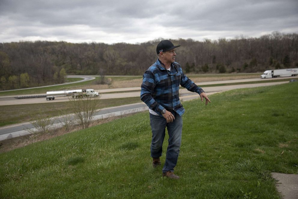 PHOTO: Chad Pregracke talks about his idea to repurpose the Interstate 80 bridge over the Mississippi River between Iowa and Illinois, on April 11, 2021, near the Mississippi Rapids Rest Stop Eastbound in East Moline, Illinois.