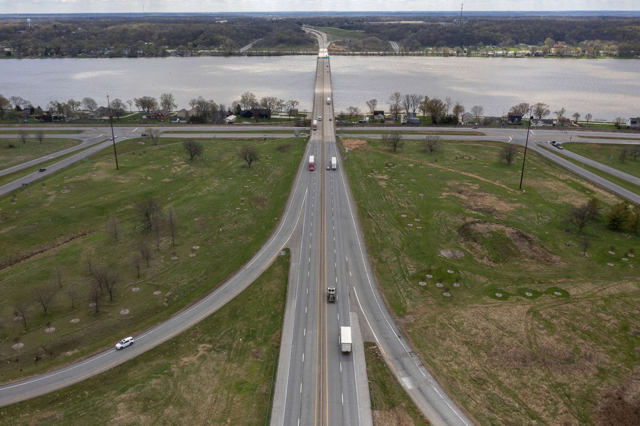 PHOTO: In this April 12, 2021, file photo, the Interstate 80 bridge over the Mississippi River between Iowa and Illinois is shown in Le Claire, Iowa.