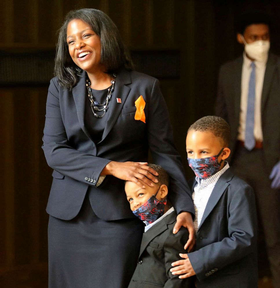 PHOTO: Fabiana Pierre-Louis stands alongside her two sons as she is nominated to the New Jersey Supreme Court during a news conference where she nominated in Trenton, N.J., June 5, 2020. 