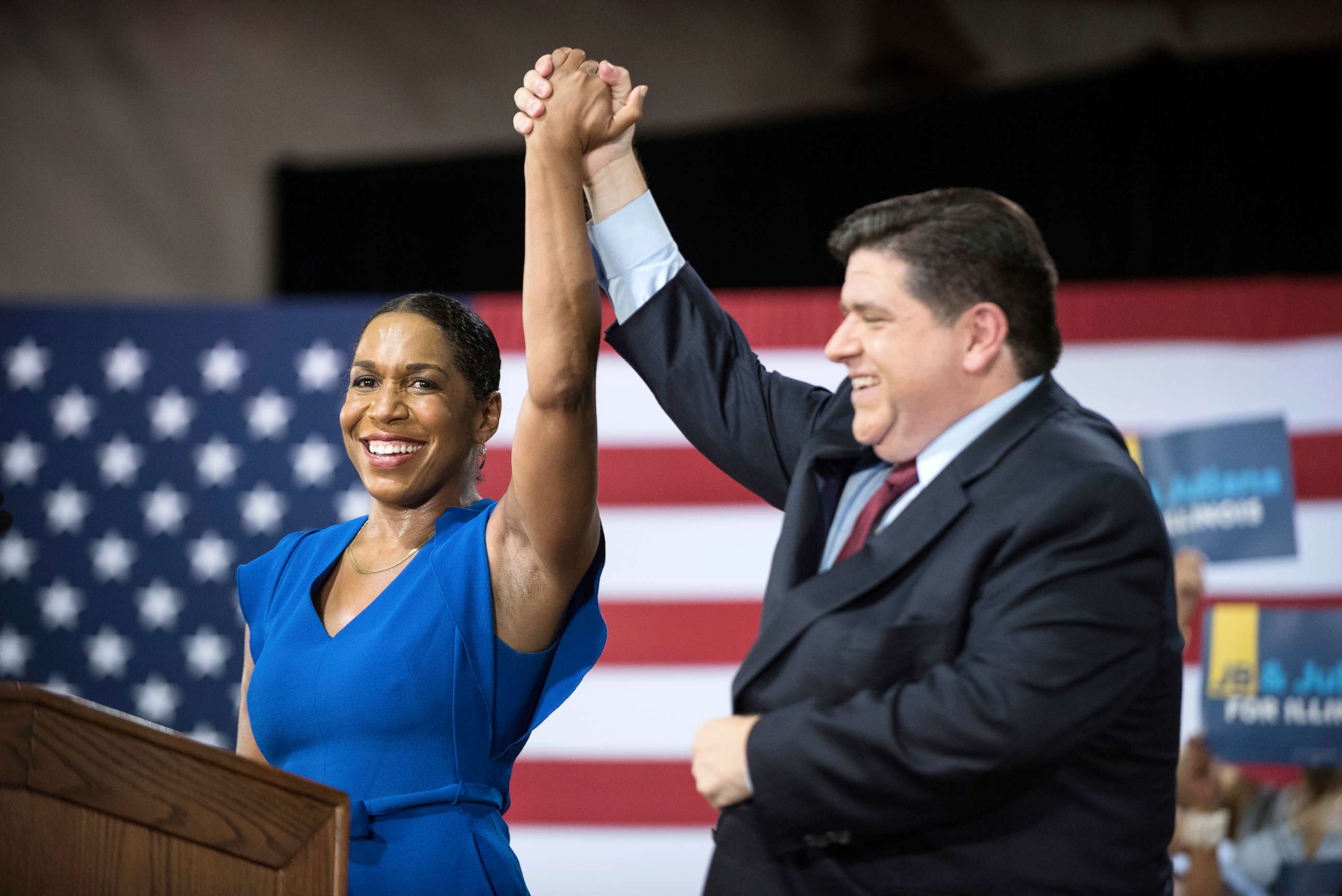 PHOTO: Rep. Juliana Stratton joins Democratic candidate J.B. Pritzker as his running mate seeking the office of governor of Illinois during a press conference in Chicago, Aug. 10, 2017.