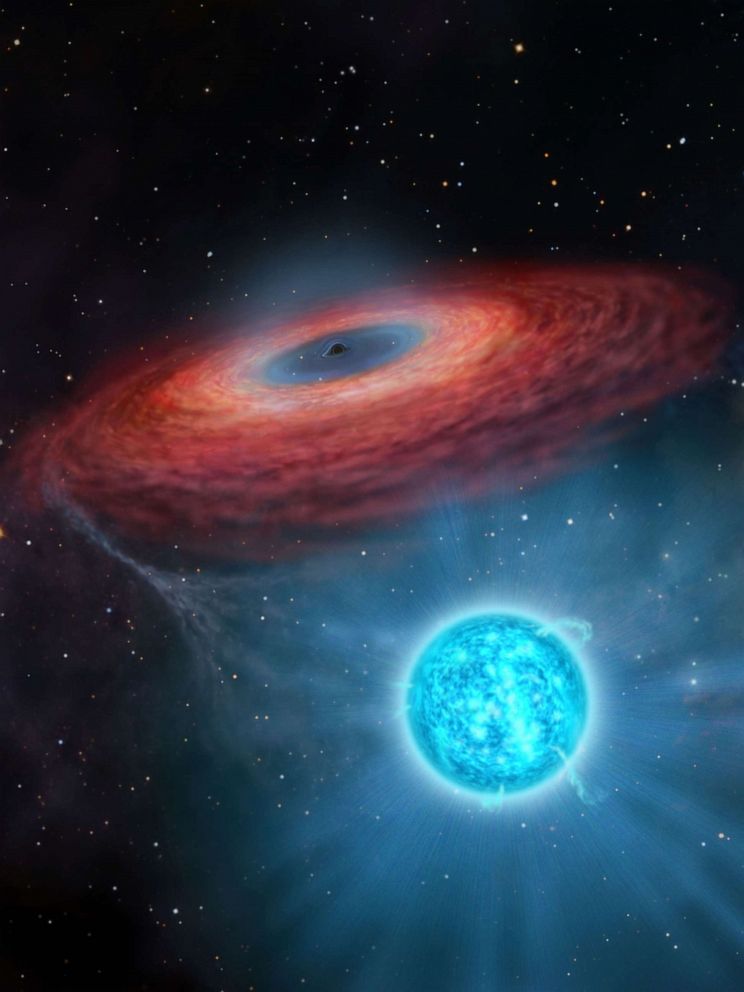 PHOTO: A rendering by artist Yu Jingchuan of the accretion of gas onto a stellar black hole from its blue companion star, through a truncated accretion disk.