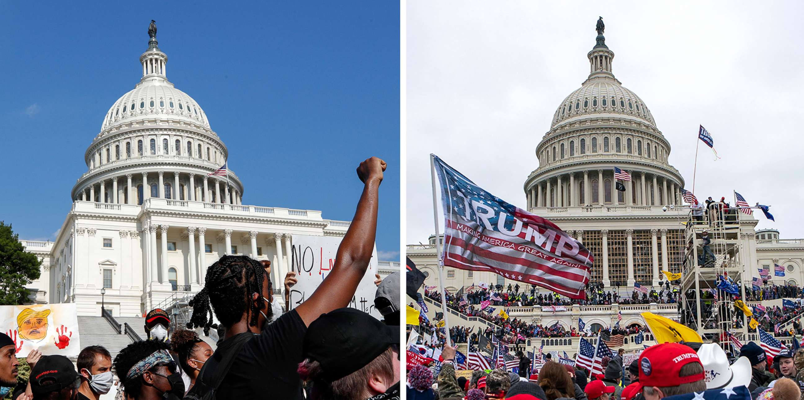 PHOTO: In this combination of photos, demonstrators, left, protest June 4, 2020, in front of the U.S. Capitol in Washington, over the death of George Floyd and on Jan. 6, 2021, supporters of President Donald Trump rally at same location.