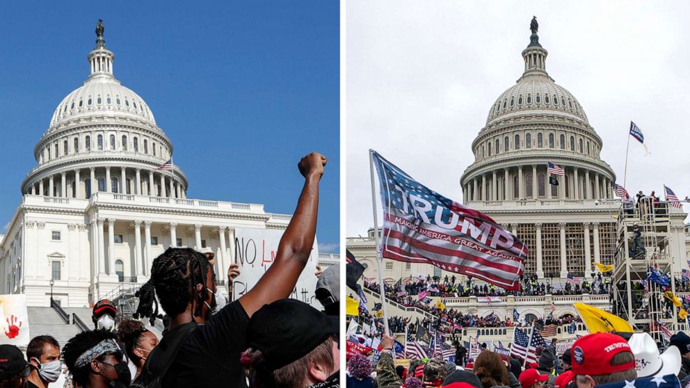 PHOTO: In this combination of photos, demonstrators, left, protest June 4, 2020, in front of the U.S. Capitol in Washington, over the death of George Floyd and on Jan. 6, 2021, supporters of President Donald Trump rally at same location.