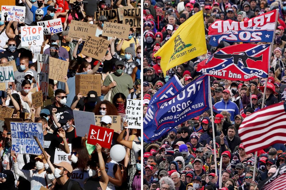 PHOTO: (left and right) Protesters participating in a Black Lives Matter rally, left, march to downtown Pittsburgh to protest the death of George Floyd and people listen as President Donald Trump speaks during a rally Wednesday, Jan. 6, 2021, Washington.