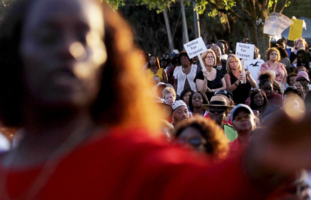 PHOTO: SANFORD, FL - Protesters gather at a rally for slain teenager Trayvon Martin in Sanford, Fla., March 22, 2012.