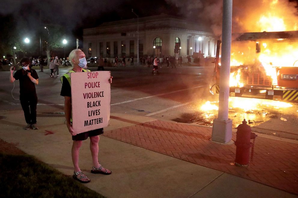 PHOTO: Fires burn around downtown during a second night of protests after the police shooting of Jacob Blake in Kenosha, Wisc., Aug 24, 2020.