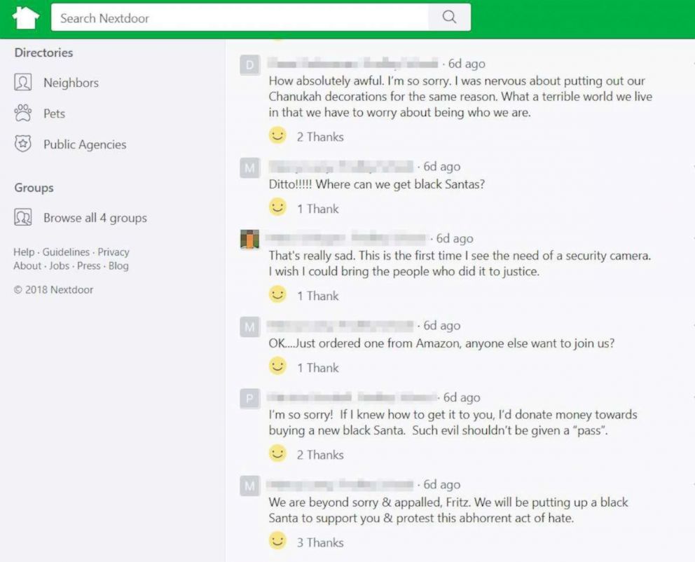 PHOTO: Screenshot of NextDoor.com comments regarding Fritz Richard's post on Dec. 13, 2018, after finding his black Santa inflatable slashed.