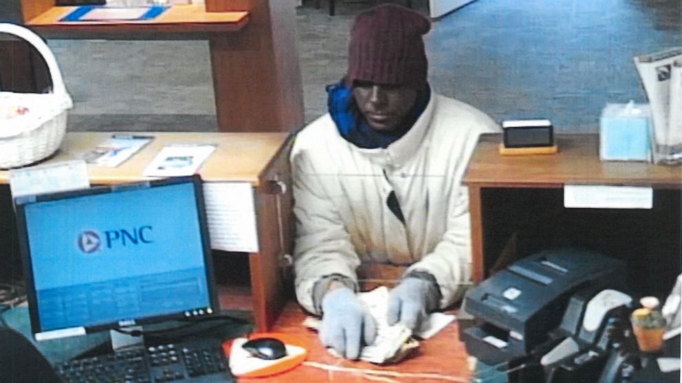 PHOTO: A surveillance image of a white man committing a robbery while wearing blackface at the PNC Bank in Perryville, Md., Jan. 28, 2020.