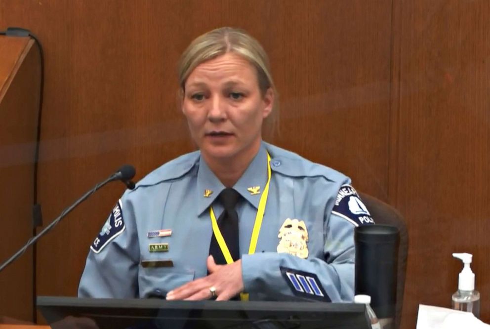 PHOTO: Minneapolis Police Inspector Katie Blackwell testifies as Hennepin County Judge Peter Cahill presides, April 5, 2021, in the trial of former Minneapolis police Officer Derek Chauvin at the Hennepin County Courthouse in Minneapolis.