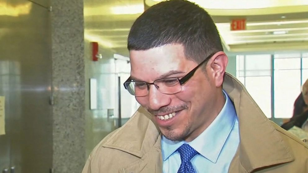 PHOTO: Bladimil Arroyo smiles while talking to the press after he was released from prison on Feb. 22, 2019, after Brooklyn prosecutors found that his confession to a 2001 murder was false.