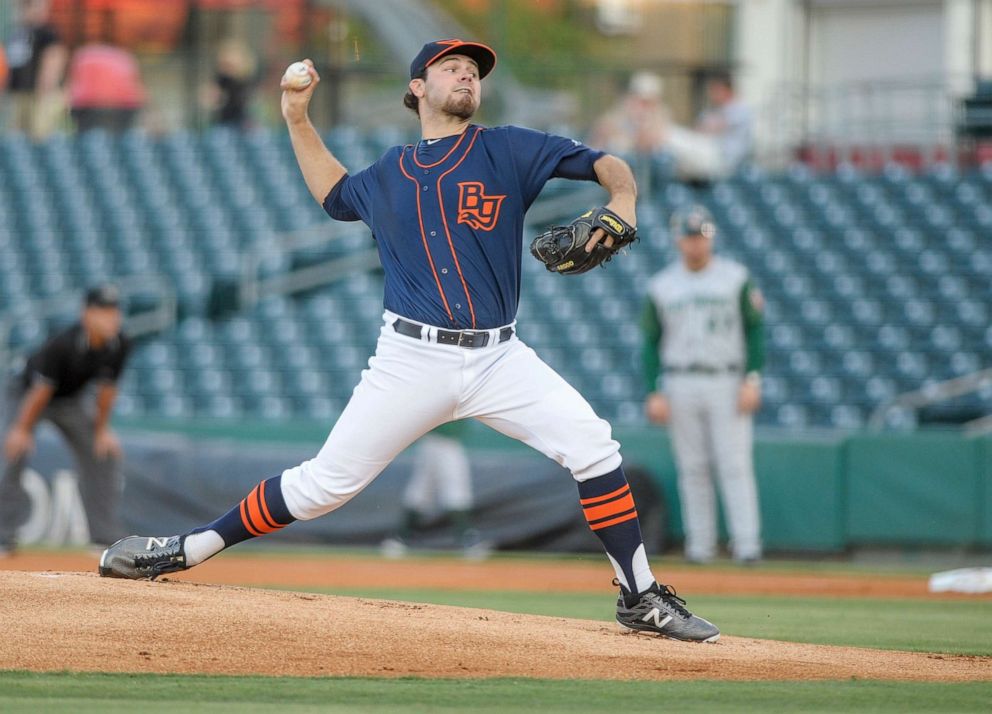 PHOTO: In this September 3, 2016, file photo, Bowling Green Hot Rods pitcher Blake Bivens throws a pitch during a MiLB game between the Lansing Lugnuts vs the Bowling Green Hot Rods in Bowling Green, Kentucky.