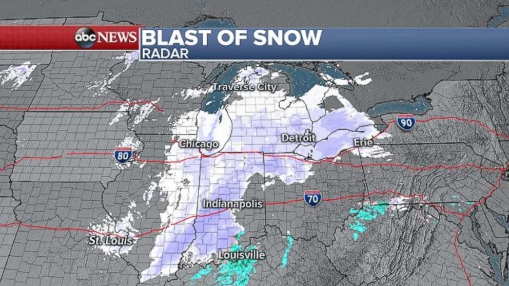 PHOTO: A quick moving blast of snow continues to sweep east, impacting parts of the Midwest right now and heading into the interior Northeast tonight. 