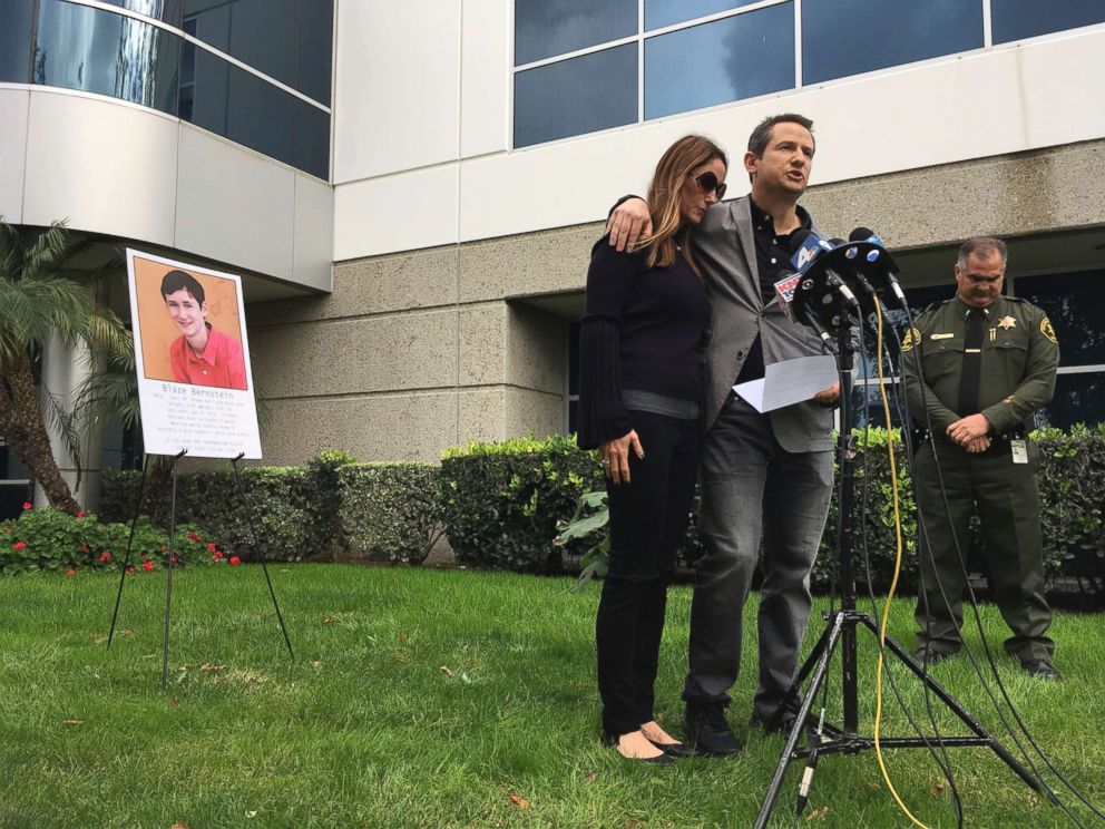 PHOTO: Gideon and Jeanne Bernstein, parents of missing teen Blaze Bernstein, are joined by Orange County Sheriff's Lt. Brad Valentine, right, during a news conference in Lake Forest, Calif. on Jan. 10, 2018.