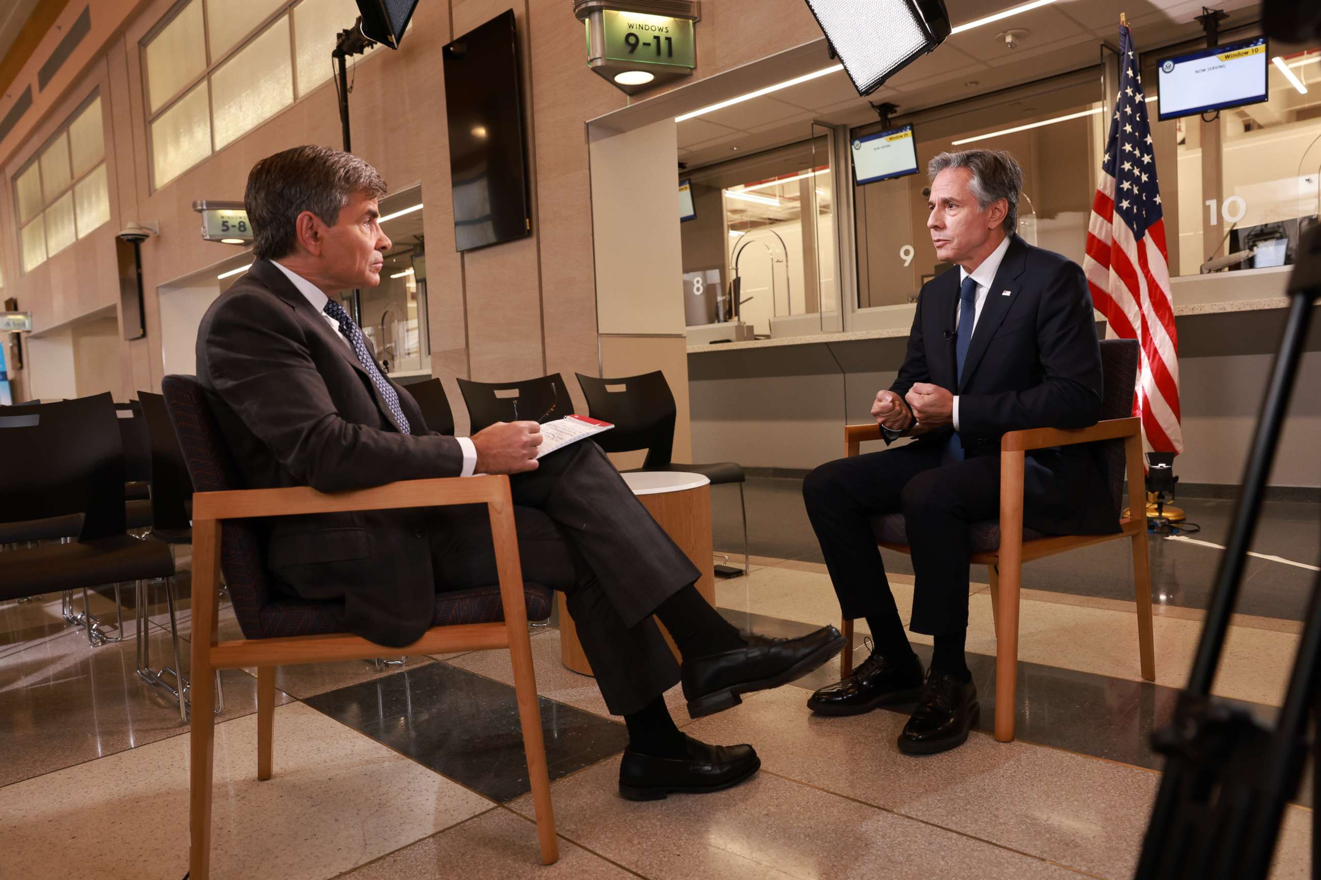 PHOTO: George Stephanopoulos interviewing Secretary of State, Antony Blinken, Oct. 19, 2022, in Philadelphia.