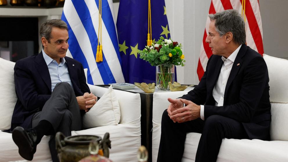 PHOTO: U.S. Secretary of State Antony Blinken meets with Greek Prime Minister Kyriakos Mitsotakis, as part of the first leg of a trip that includes visits to both Israel and West Bank, at the Prime Minister's Residence in Crete, on Jan. 6, 2024.