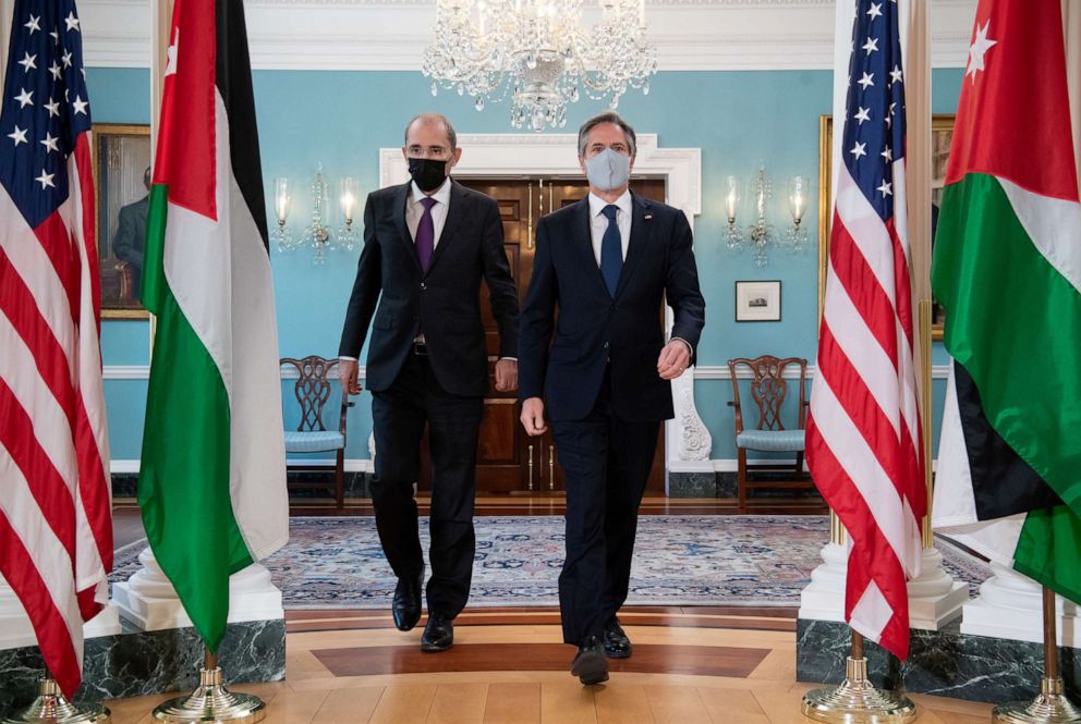 PHOTO: Secretary of State Antony Blinken and Jordanian Foreign Minister Ayman Safadi arrive to speak to the media before a meeting at the State Department in Washington, D.C., May 10, 2021. 