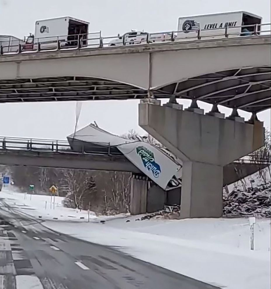 PHOTO: A truck hangs off an overpass after a multi-vehicle crash on I-86 in Chautauqua County, New York, Feb. 28, 2020, during a winter storm which created treacherous road conditions in upstate New York.