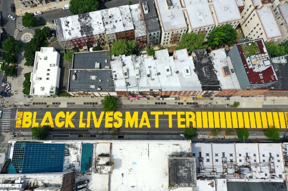 PHOTO: An aerial view of 'Black Lives Matter' mural painting is seen on Fulton Street in Brooklyn, N.Y., June 15, 2020.