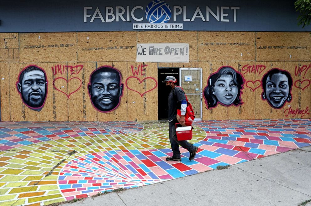 PHOTO: Artists have memorialized George Floyd, Ahmaud Arbery, Breonna Taylor, and Sandra Bland, with murals and street art, June 5, 2020, in Los Angeles.