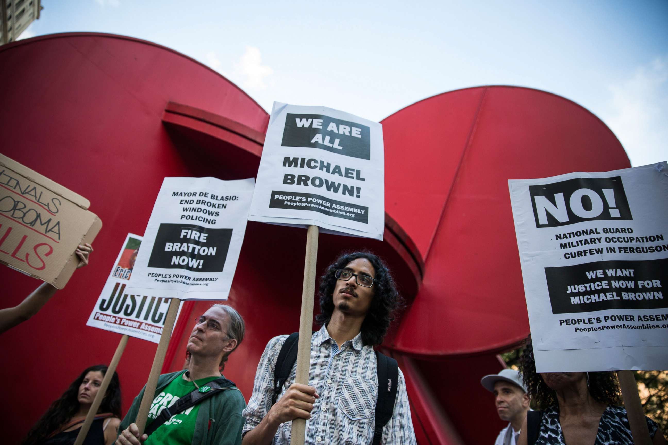 PHOTO: Protesters hold a rally in solidarity with the people of Ferguson, Missouri protesting the death of Michael Brown, and the excessive use of force by police on August 18, 2014 in New York City. 