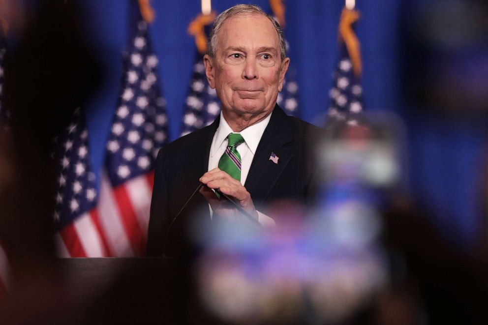 PHOTO: Former Democratic presidential candidate Mike Bloomberg addresses his staff and the media after announcing that he will be ending his campaign, March 4, 2020, in New York City.