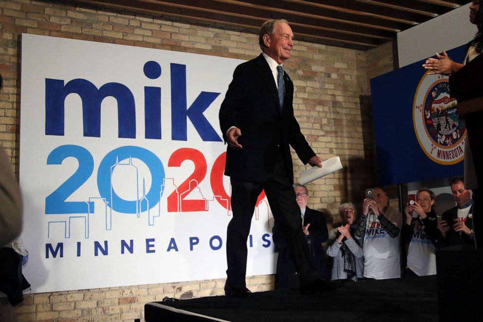 PHOTO: Democratic presidential candidate Michael Bloomberg arrives to speak to campaign workers and supporters in Minneapolis Thursday, Jan. 23, 2020, as he opens the first field office in Minnesota and meets with local community leaders and voters.