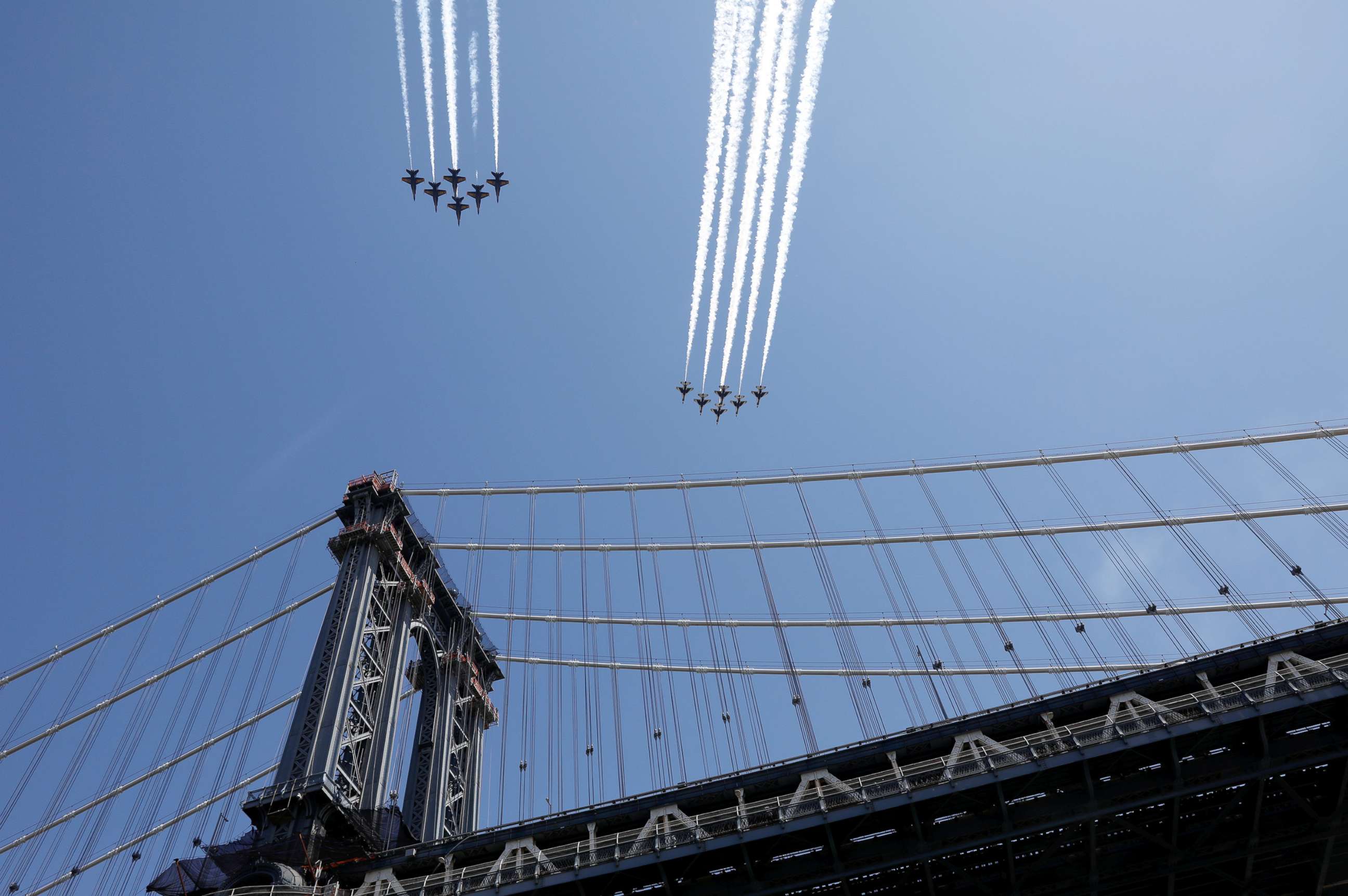 PHOTO: U.S. Navy Blue Angels and U.S. Air Force Thunderbirds teams fly over Manhattan bridge as part of the "America Strong" tour of U.S. cities.  