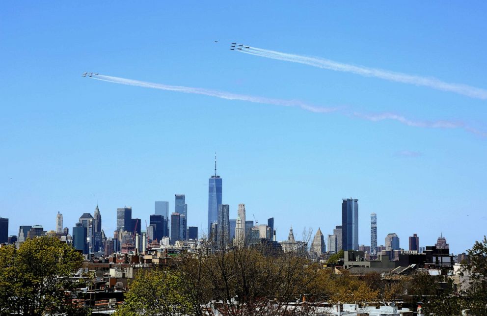 PHOTO: The Navy's Blue Angels and the Air Force's Thunderbirds, perform a flyover to honor those on the front lines of the COVID-19 pandemic, April 28, 2020, in Brooklyn, New York.