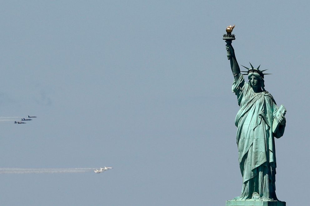 PHOTO: The military's elite flight demonstration squadrons, the Navy's Blue Angels and the Air Force's Thunderbirds, perform "a collaborative salute" to honor those battling the COVID-19 pandemic, April 28, 2020, in New York. 