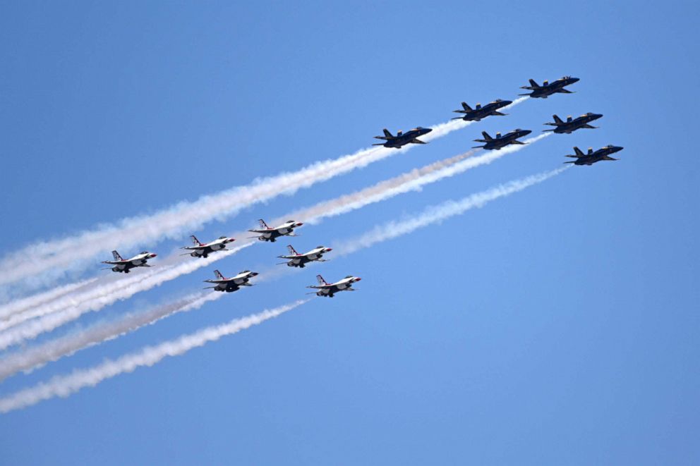 PHOTO: The U.S. Navy's Blue Angels and the Air Force's Thunderbirds pay tribute to essential workers fighting against the coronavirus, April 28, 2020, in New York.