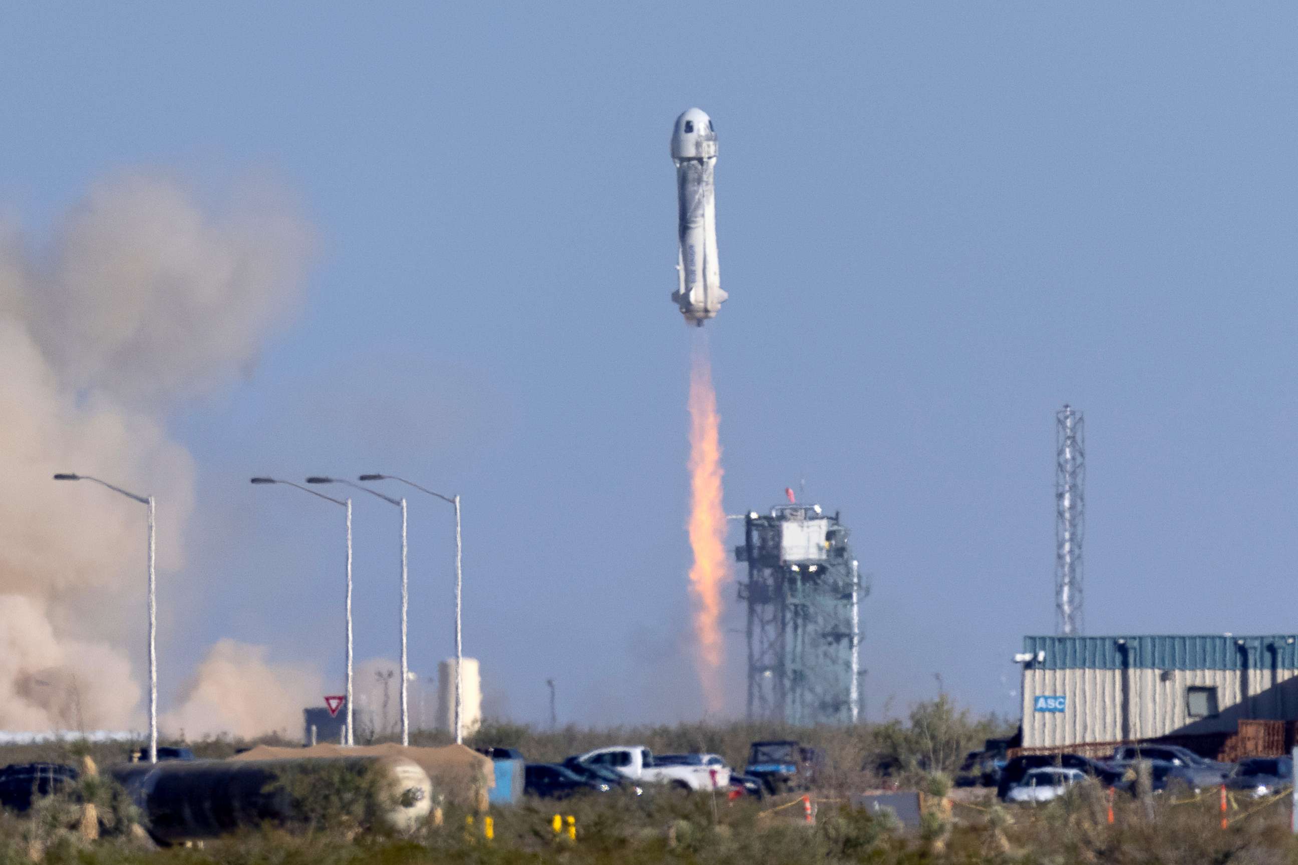 PHOTO: Blue Origin's rocket New Shepard blasts off carrying Star Trek actor William Shatner, 90, on billionaire Jeff Bezos company's second suborbital tourism flight as part of a four-person crew near Van Horn, Texas, Oct. 13, 2021.