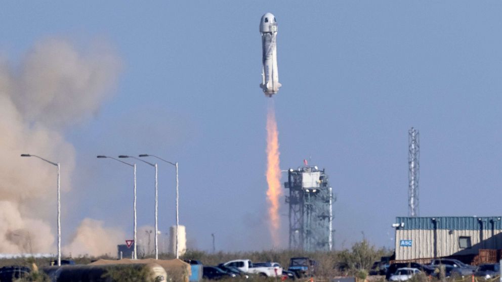 PHOTO: Blue Origin's rocket New Shepard blasts off carrying Star Trek actor William Shatner, 90, on billionaire Jeff Bezos company's second suborbital tourism flight as part of a four-person crew near Van Horn, Texas, Oct. 13, 2021.