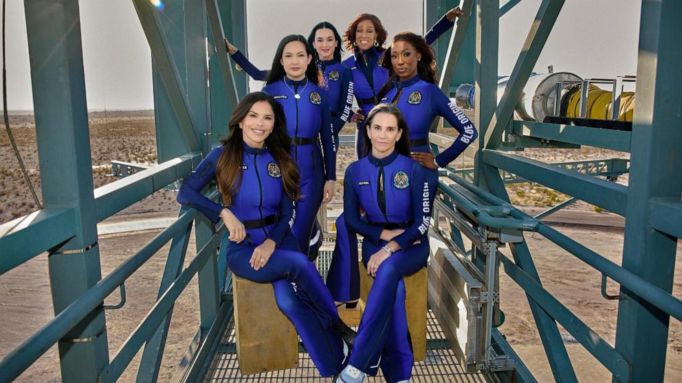 PHOTO: A handout photo published on April 14, 2025, on the X account of Blue Origin, shows the members of an all-woman sub-orbital mission aboard the New Shepard rocket. 