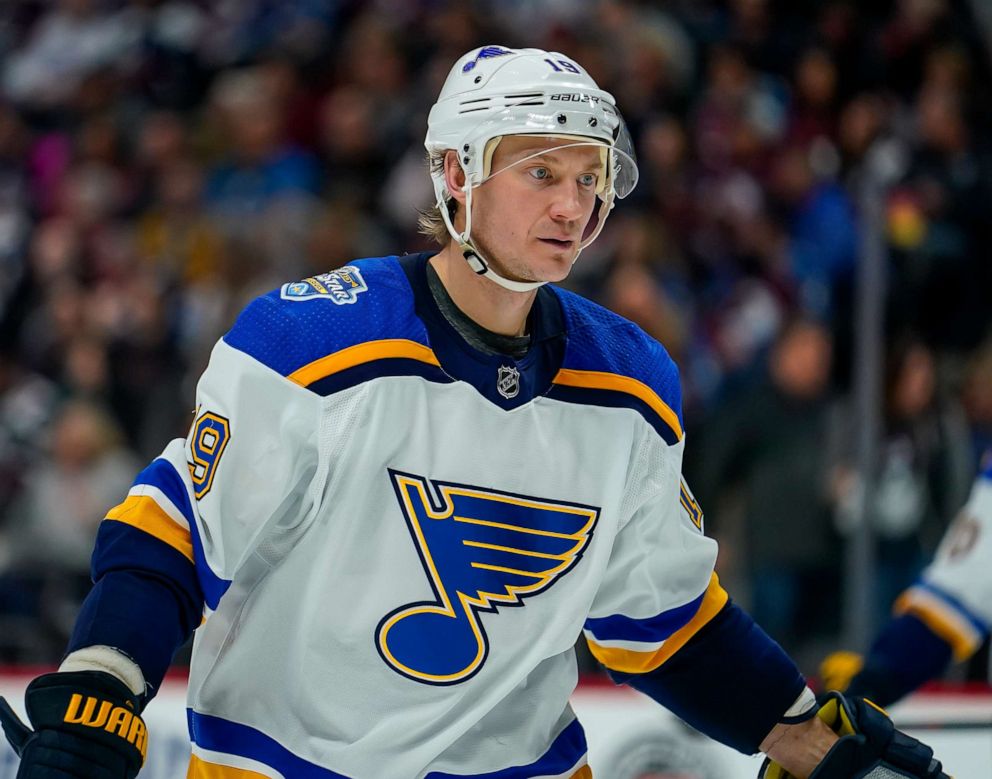 In this Jan. 2, 2020 file photo St. Louis Blues defenseman Jay Bouwmeester skates against the Colorado Avalanche during the third period of an NHL hockey game in Denver. 